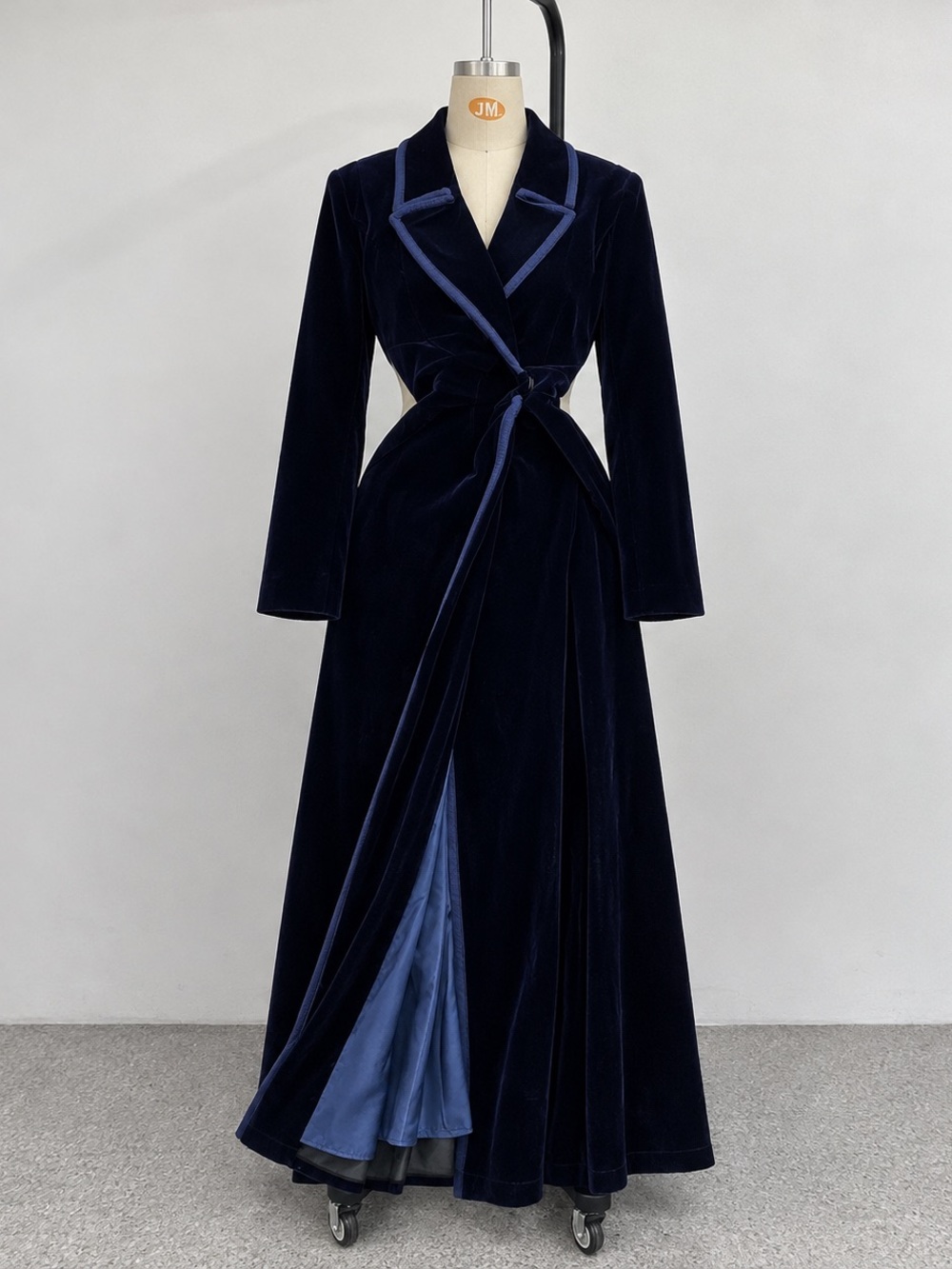 Elegant Navy Velvet Wrap Maxi Dress with Contrast Trim